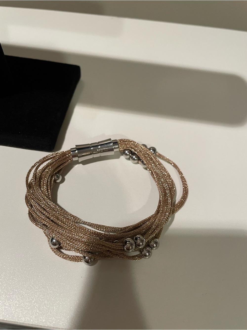 Multi-Strand Rose Gold Mesh Bracelet with Silver Bead Details
